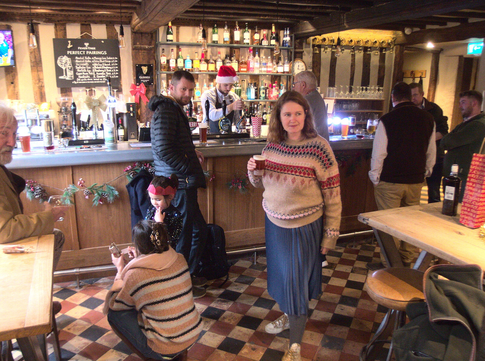 Isobel with a half pint in the Oaksmere's bar from Christmas Day and Other Stuff, Diss, Brome and Norwich - 25th December 2022