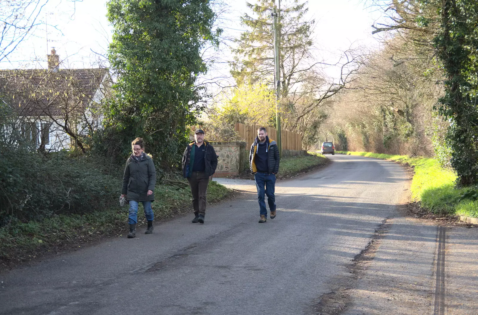 Suey, Marc and The Boy Phil head up the road, from Another Walk to The Swan, Hoxne, Suffolk - 5th February 2023