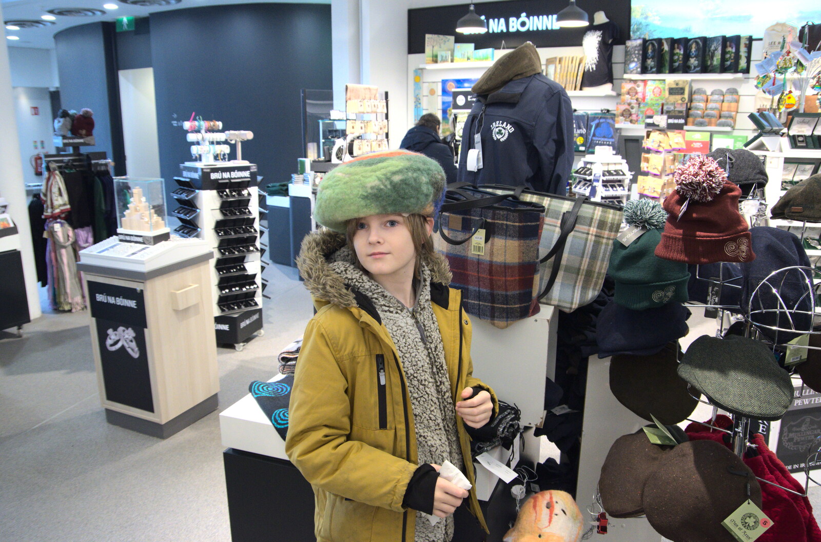 Blackrock North and Newgrange, County Louth, Ireland - 16th February 2023: Harry tests a hat out in the gift shop