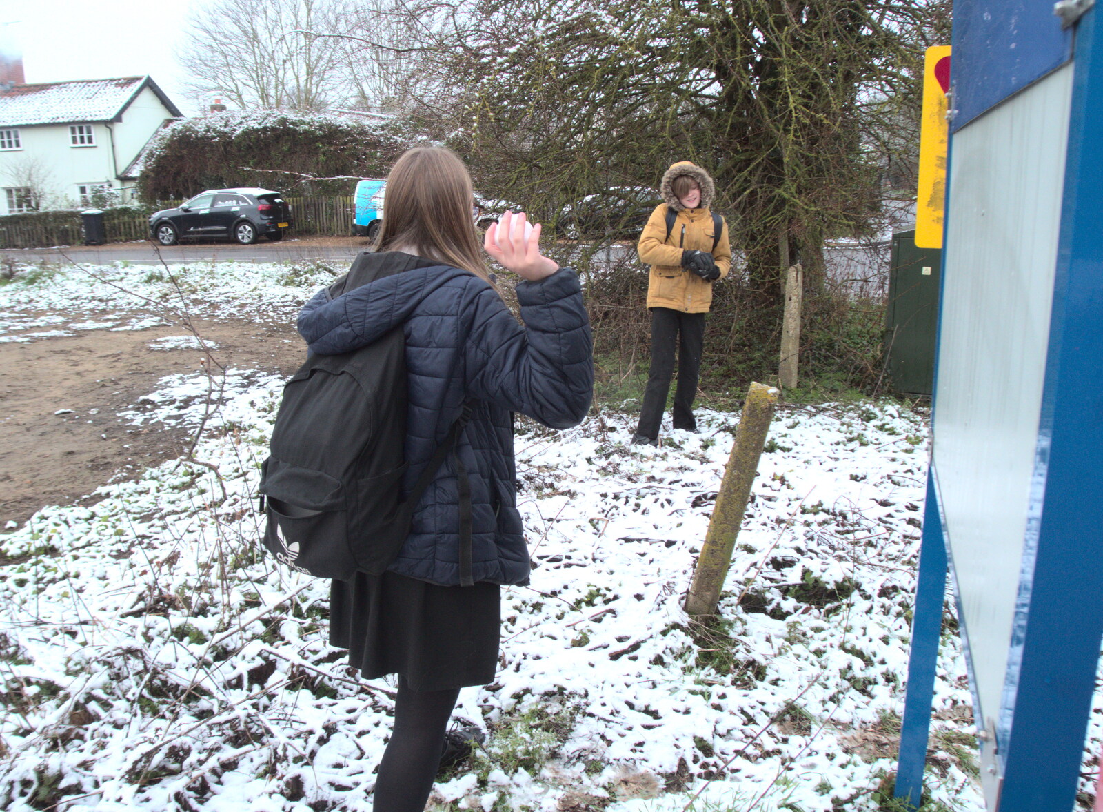 Soph lines up a snowball from Guys, Dolls, and a Snow Day, Brome, Suffolk - 11th March 2023
