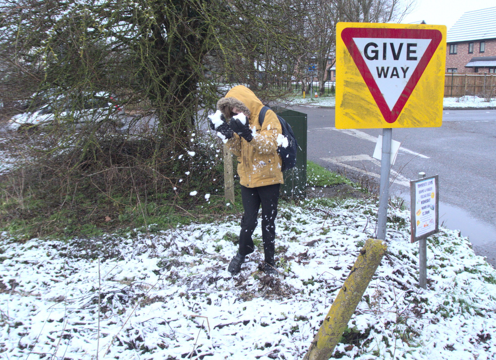 Harry's in an explosion of snow from Guys, Dolls, and a Snow Day, Brome, Suffolk - 11th March 2023