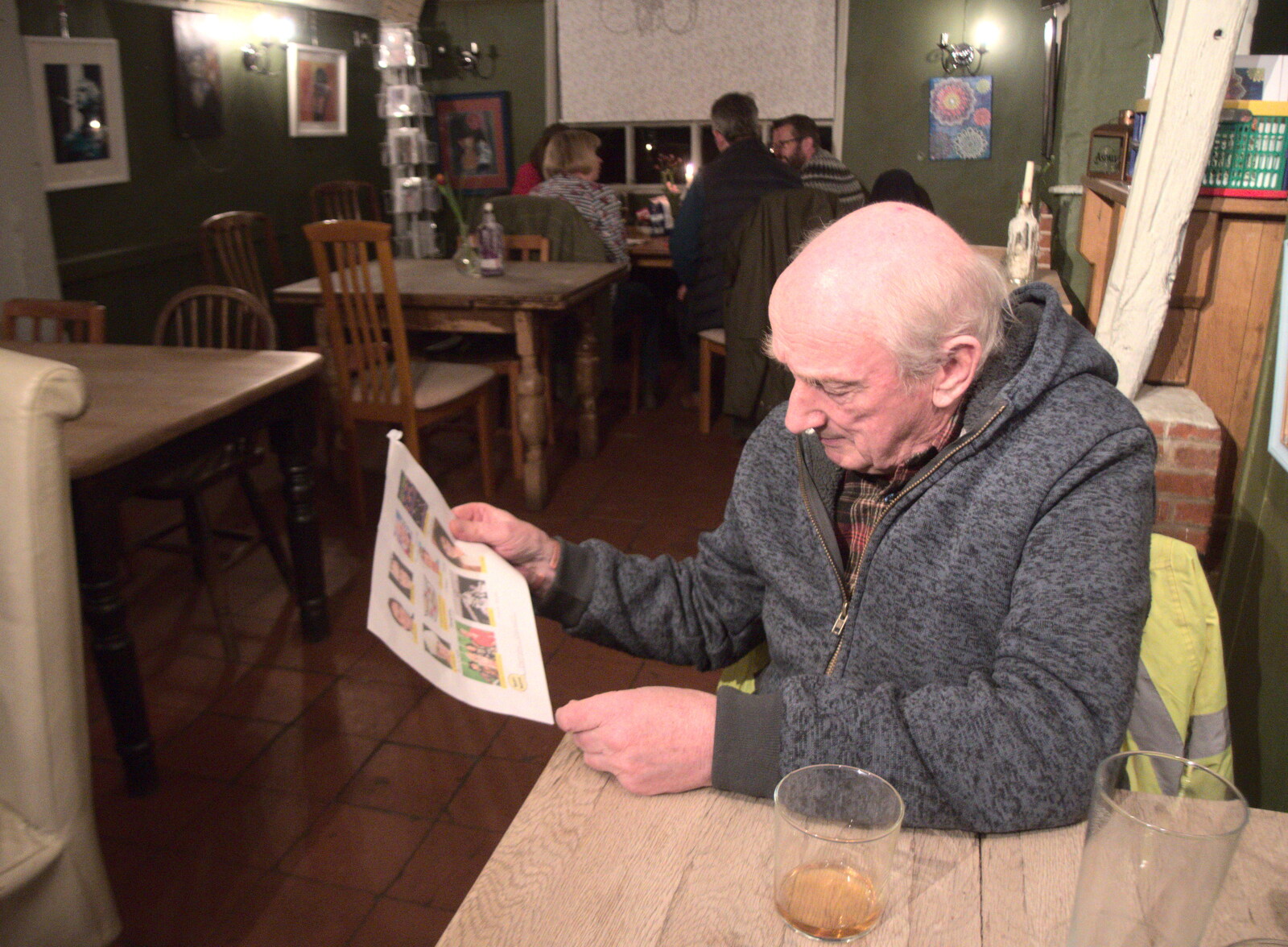 Mick the Brick checks out a quiz sheet from Guys, Dolls, and a Snow Day, Brome, Suffolk - 11th March 2023