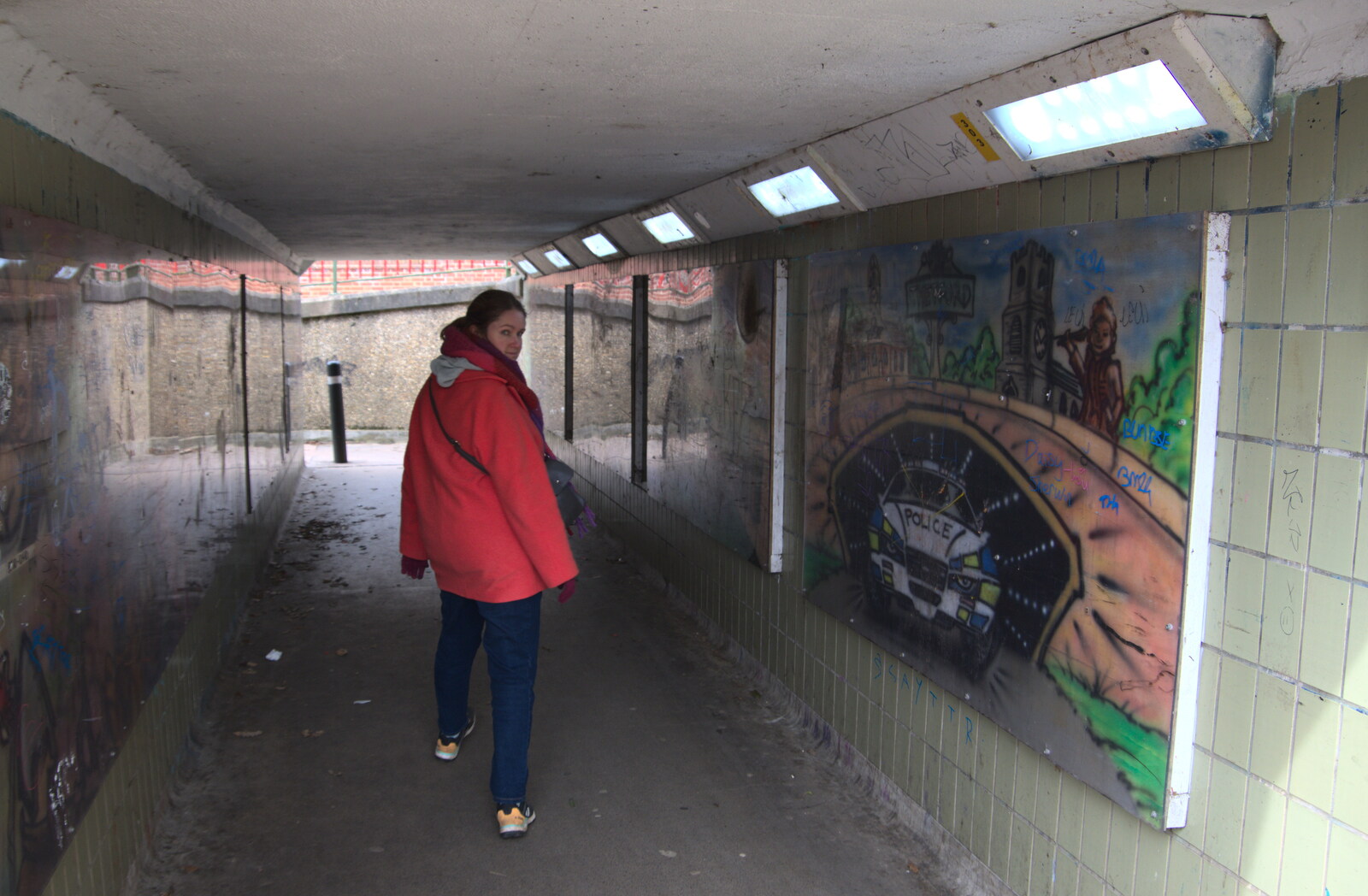 Isobel in an underpass beneath London Road from A Postcard from Thetford, Norfolk - 15th March 2023