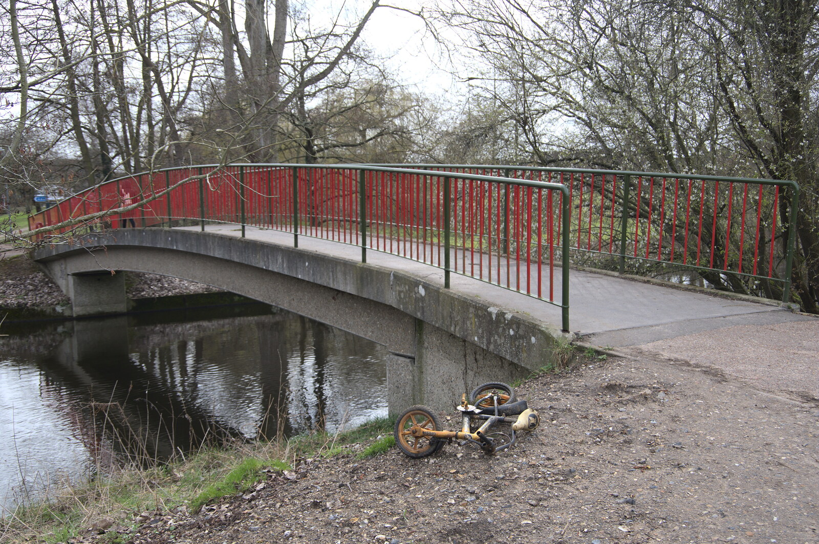 A wrecked child's bicycle and a footbridge from A Postcard from Thetford, Norfolk - 15th March 2023