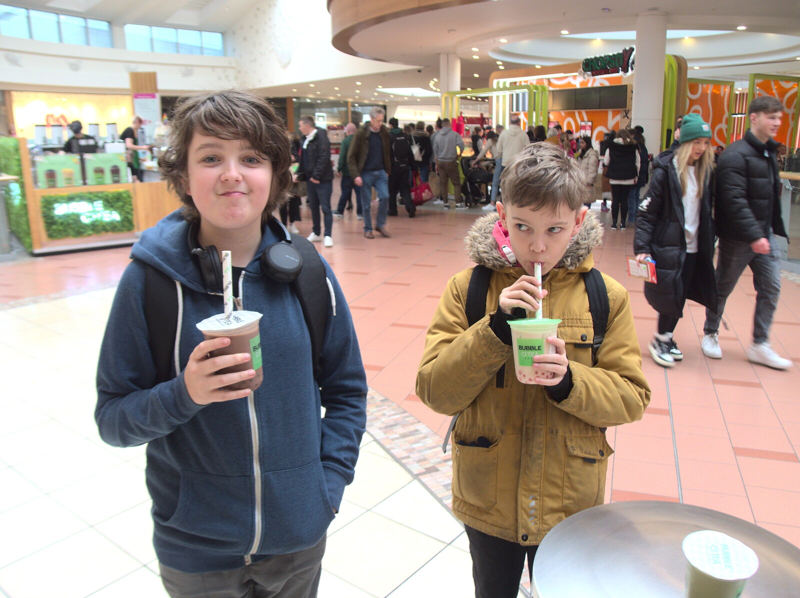 Fred and Harry have their bubble tea from It's a Stitch Up: A Trip to Norwich, Norfolk - 18th March 2023
