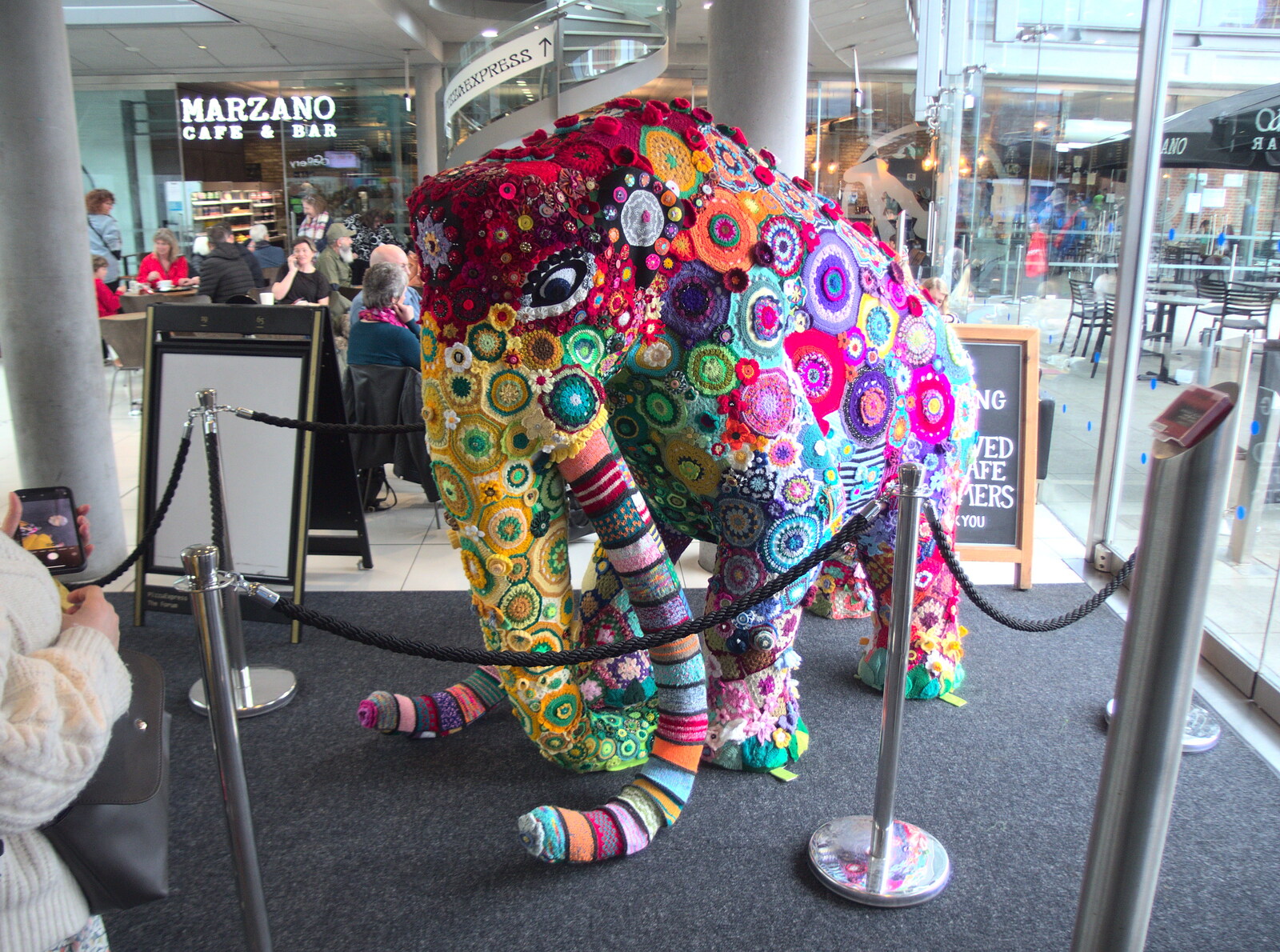 Isobel gets a photo of a crocheted Wooly Mammoth from It's a Stitch Up: A Trip to Norwich, Norfolk - 18th March 2023