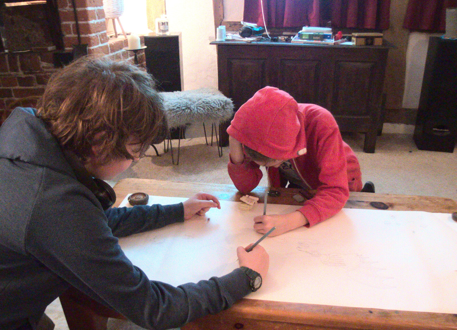 The boys do some drawing in the lounge from Dolphin House Fire and an Escape Room, Diss and Norwich - 26th March 2023