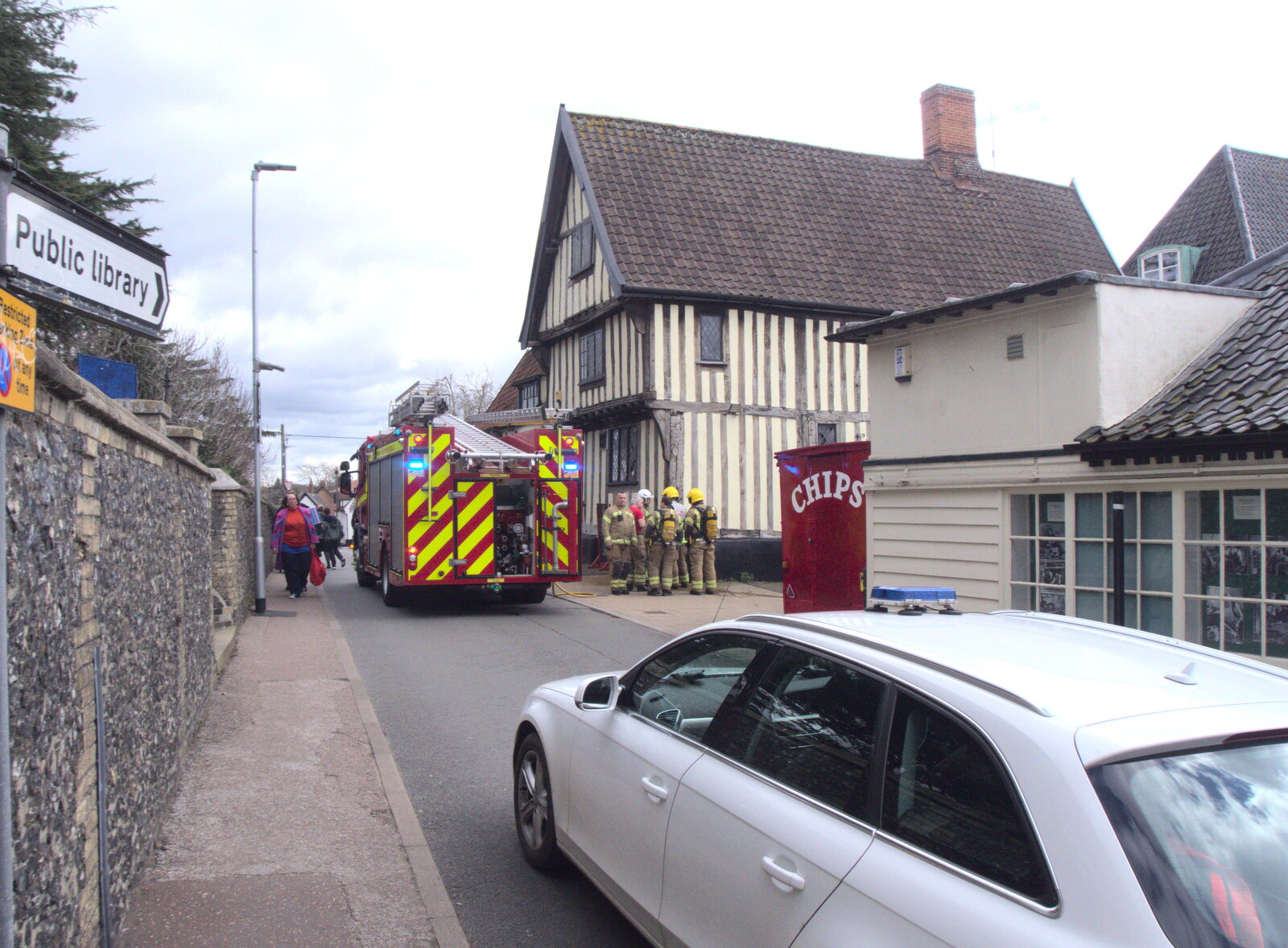 A police car blocks off Church Street from Dolphin House Fire and an Escape Room, Diss and Norwich - 26th March 2023