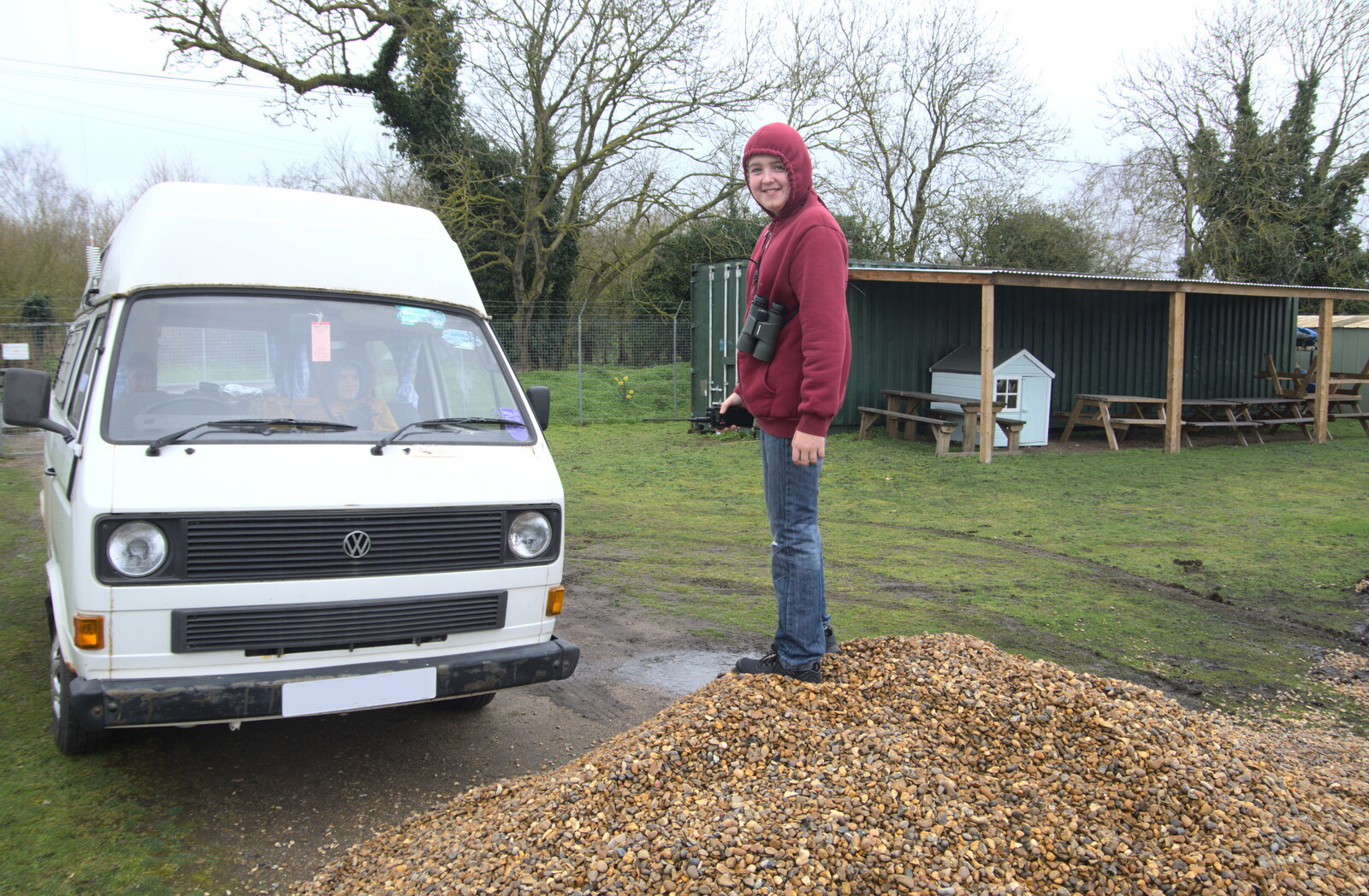 Fred stands on a pile of gravel near the gate from A Day in New Milton, Hampshire - 3rd April 2023