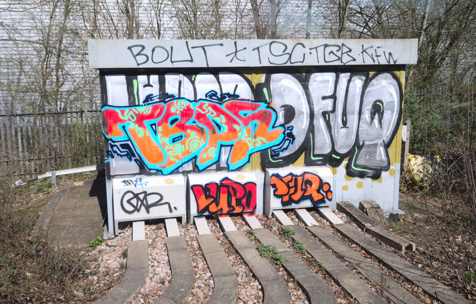 Bright graffiti tags on signalling equipment from A Day in New Milton, Hampshire - 3rd April 2023