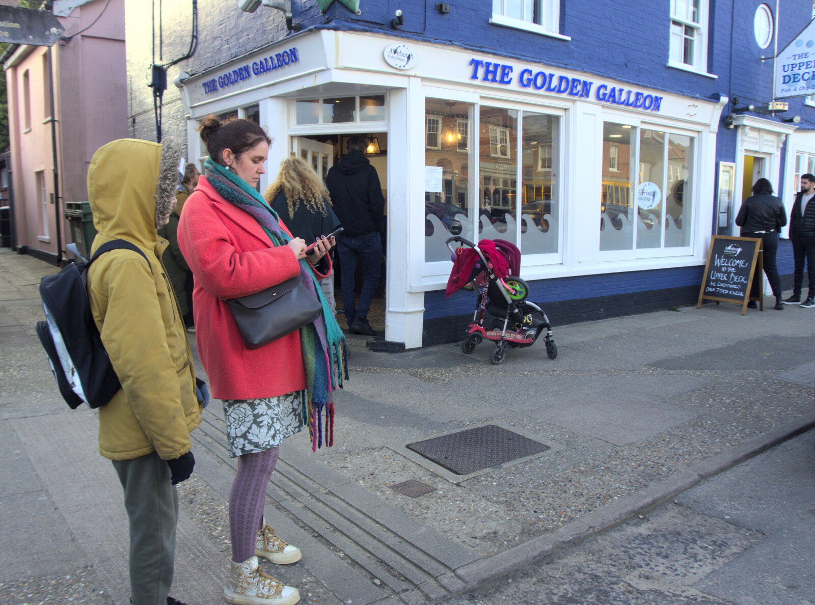 We queue to order fish and chips in Aldeburgh from Fred and the Orchestra, Snape Maltings, Suffolk - 5th April