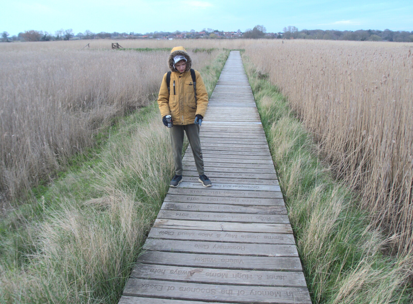 Harry reads the dedications on the boardwalk from Fred and the Orchestra, Snape Maltings, Suffolk - 5th April