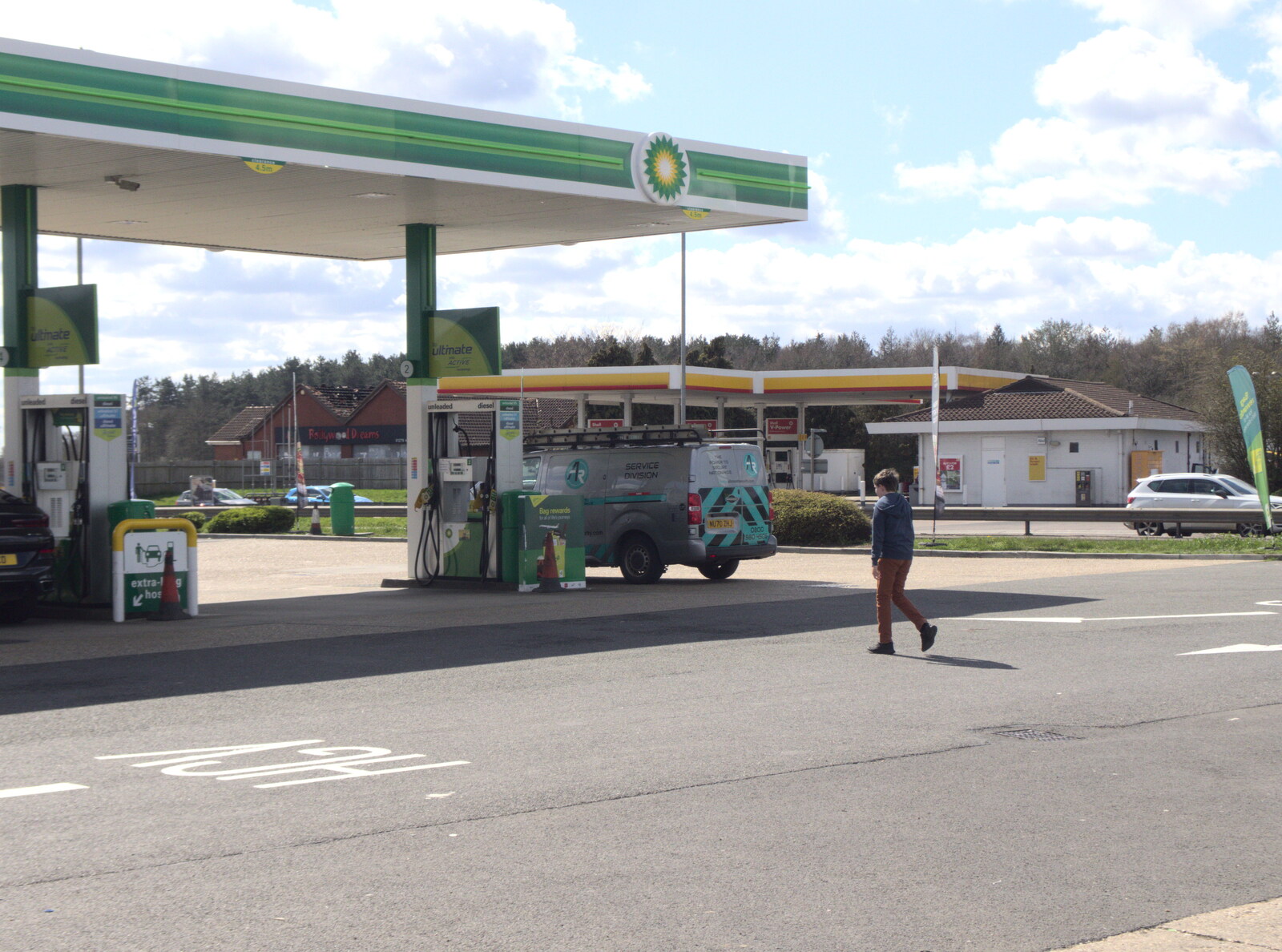 Fred wanders off to the petrol-station shop from Easter in South Zeal and Moretonhampstead, Devon - 9th April