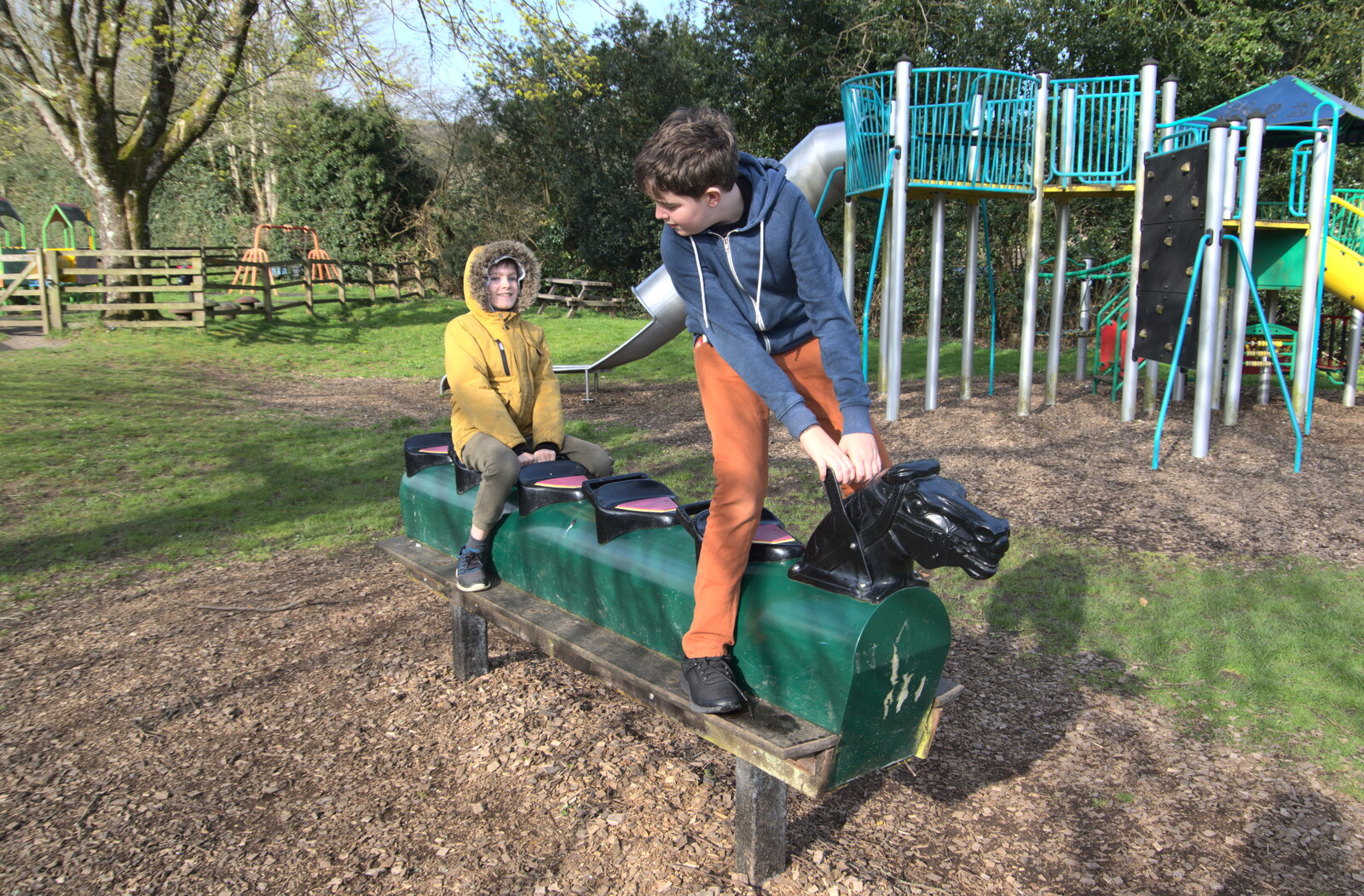 The boys try out an old-school rocking horse from Easter in South Zeal and Moretonhampstead, Devon - 9th April