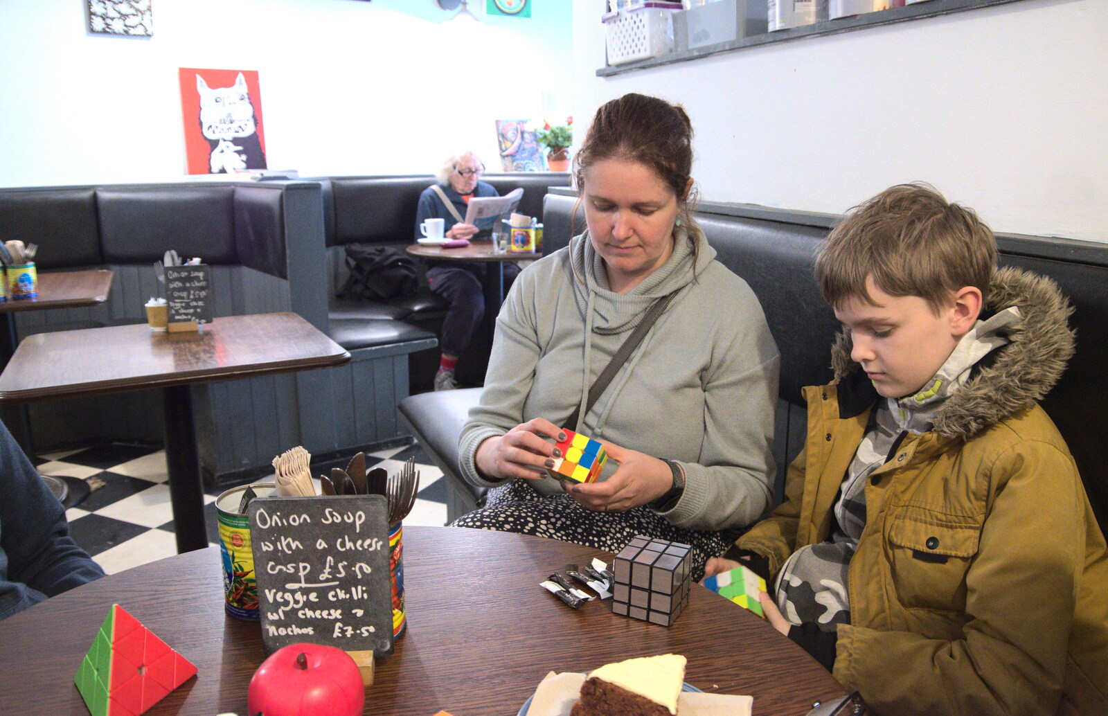 Isobel and Harry do cubes in Central Café from Easter in South Zeal and Moretonhampstead, Devon - 9th April