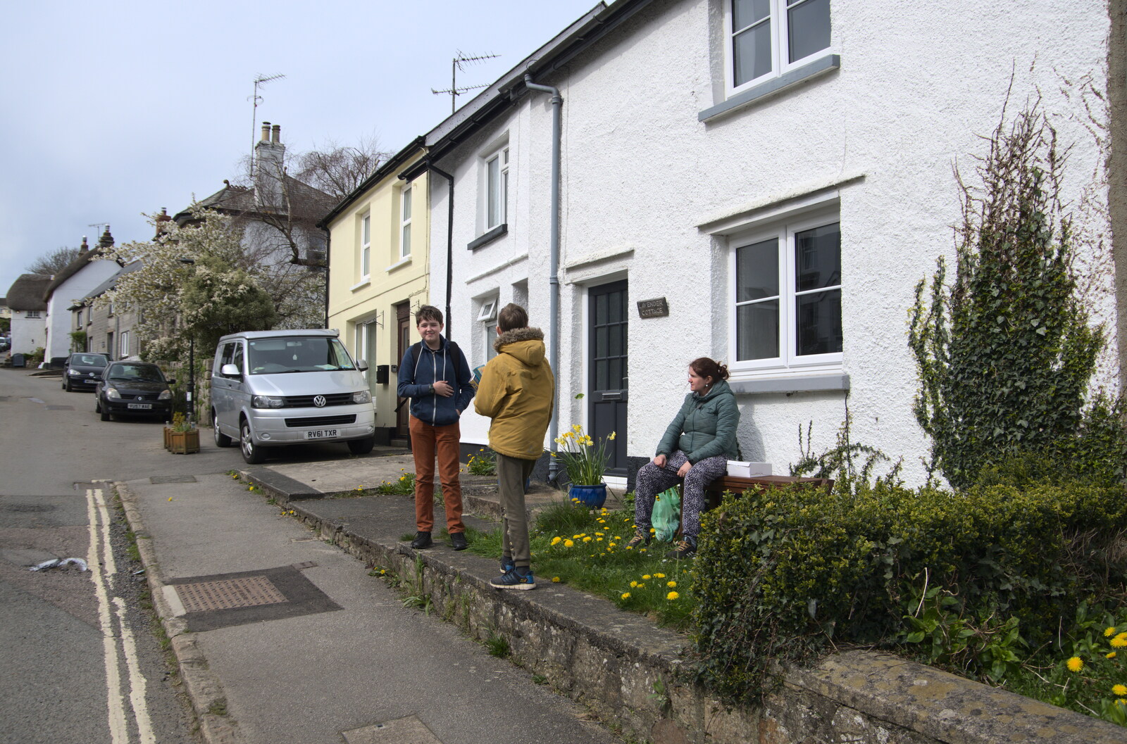 The gang hangs around in front of the cottage from Easter in South Zeal and Moretonhampstead, Devon - 9th April