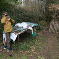 Harry pokes around with stuff in the garden, Easter in South Zeal and Moretonhampstead, Devon - 9th April