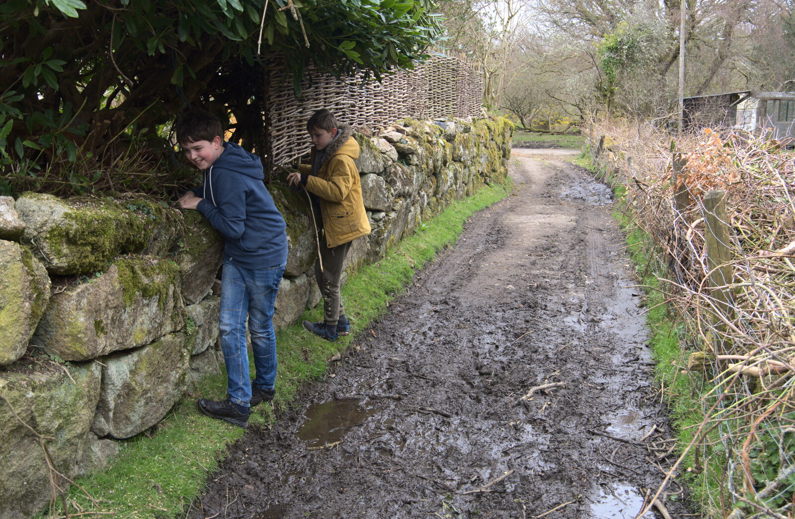 The boys avoid a very muddy path from Easter in South Zeal and Moretonhampstead, Devon - 9th April