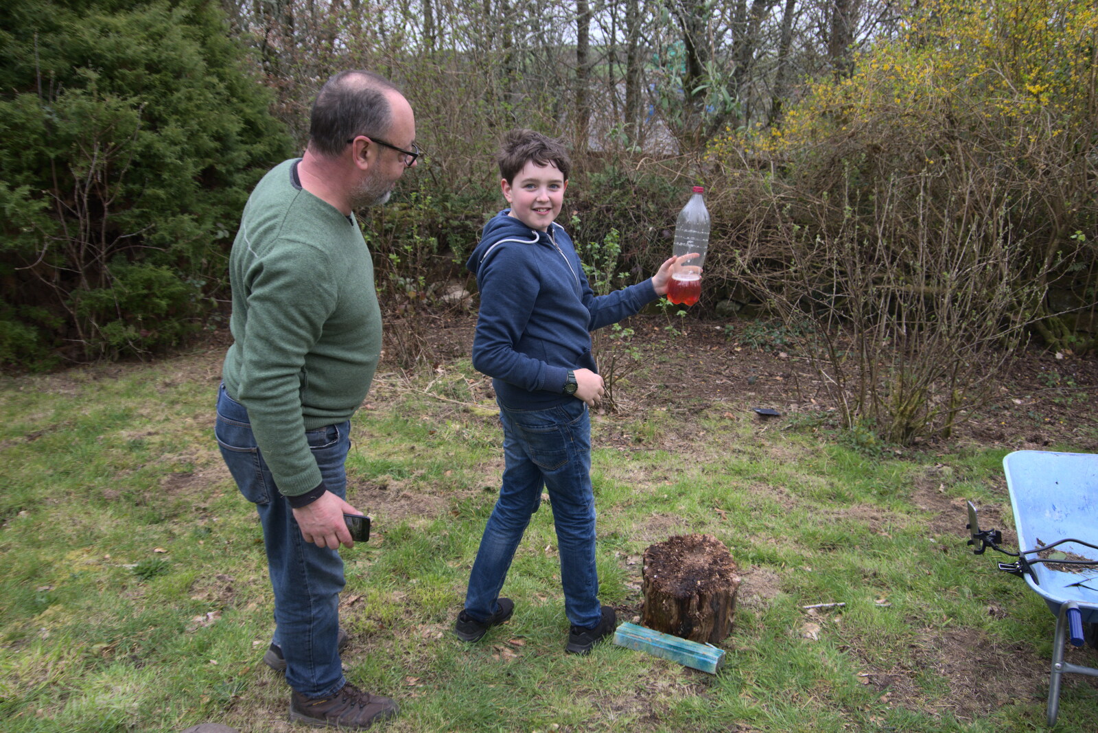 Fred shows off the leaking bottle target from Easter in South Zeal and Moretonhampstead, Devon - 9th April