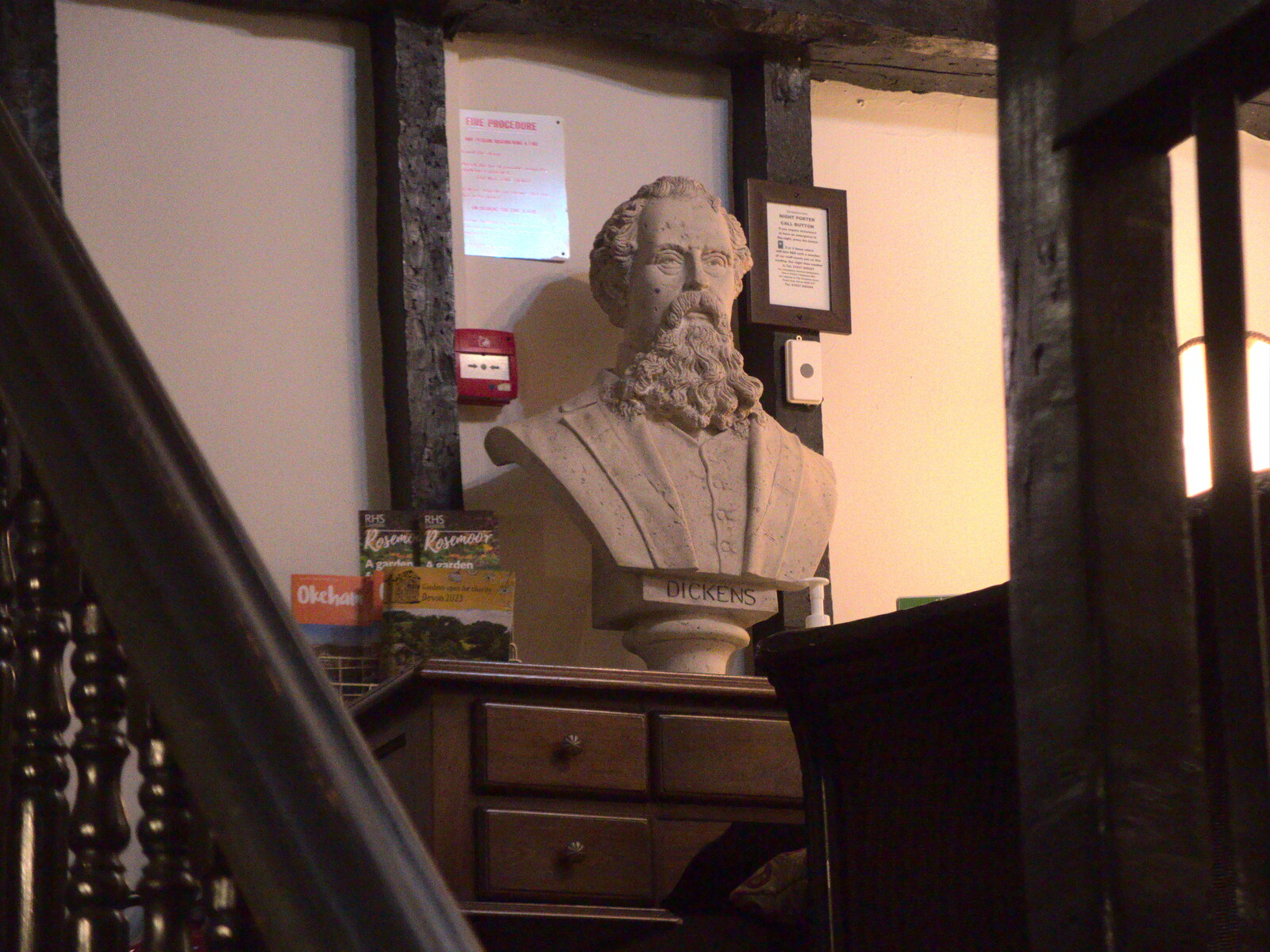 A bust of Charles Dickens up the hotel's stairs from Chilli Farms, Okehampton and the Oxenham Arms, South Zeal, Devon - 10th April 2023