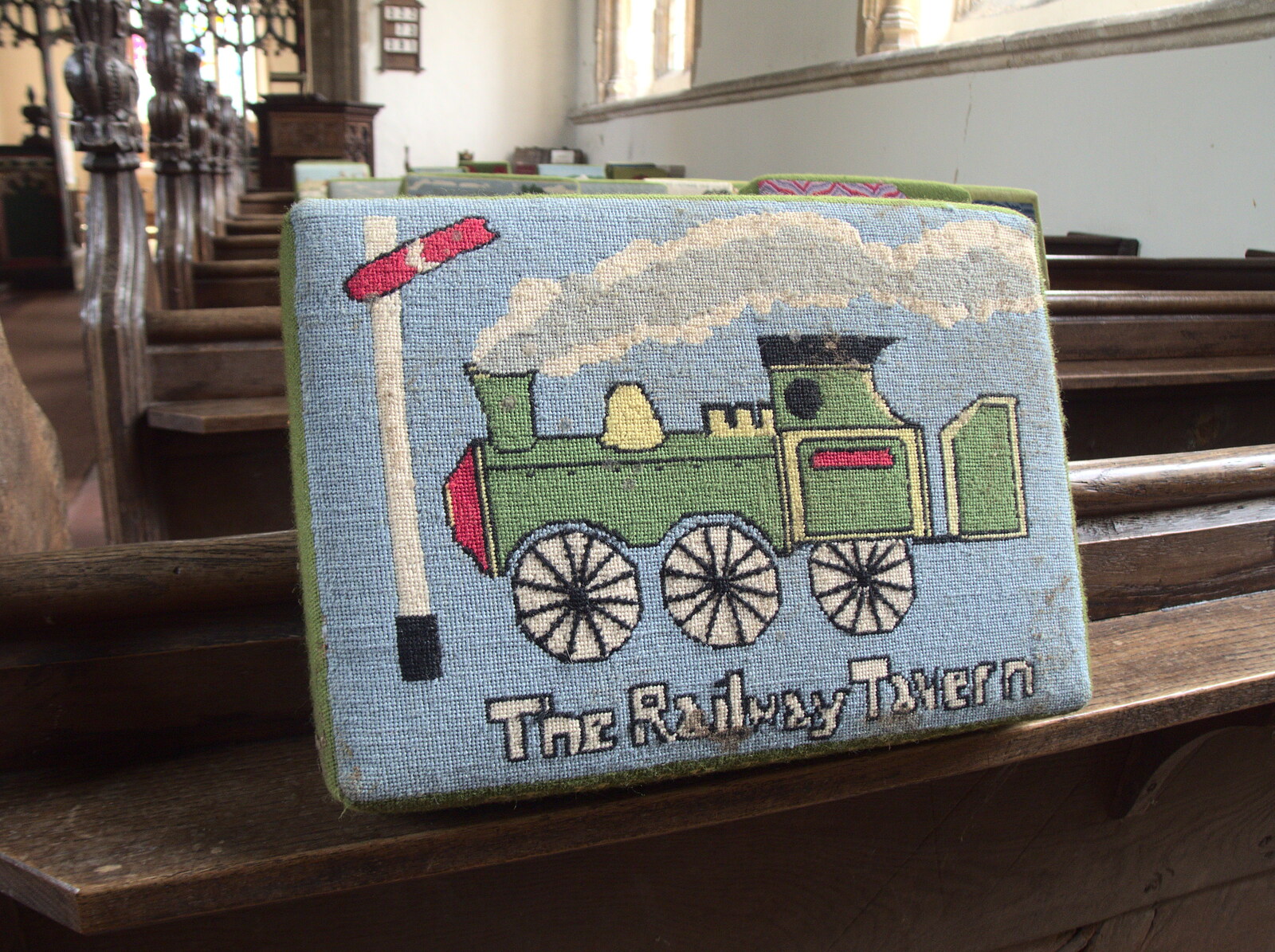 A kneeler dedicated to the Mellis Railway pub from Pizza at the Village Hall, Brome, Suffolk - 30th April 2023