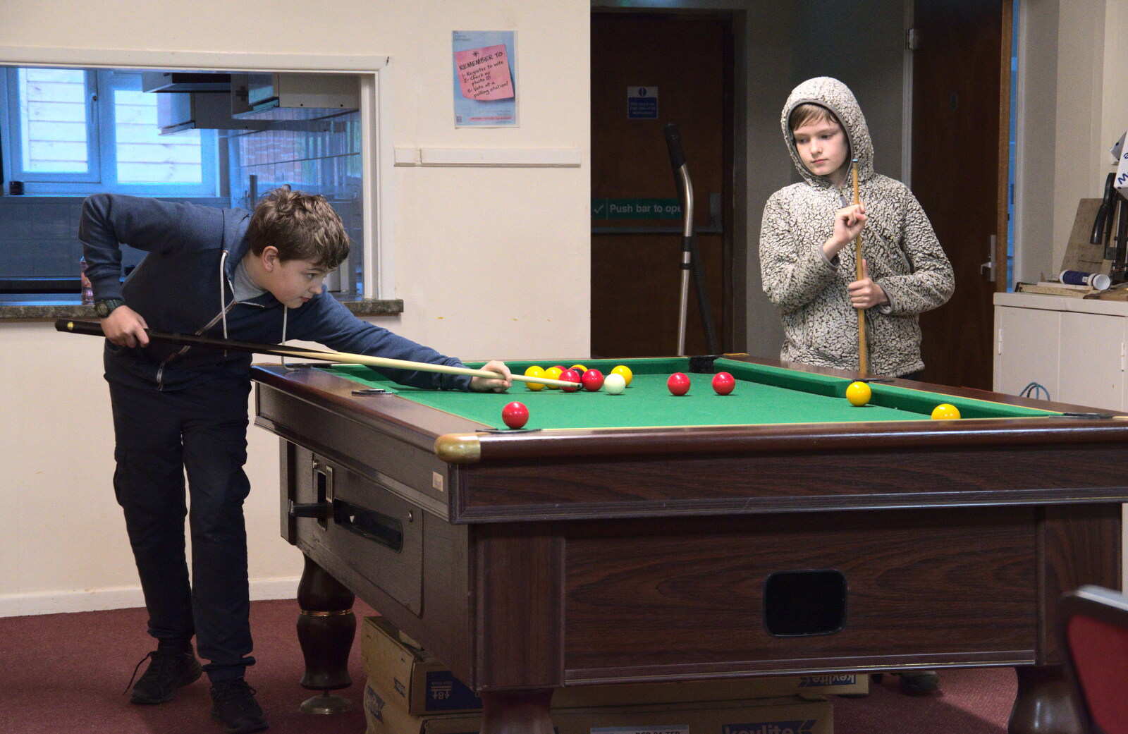 Fred and Harry play a game of pool from Pizza at the Village Hall, Brome, Suffolk - 30th April 2023