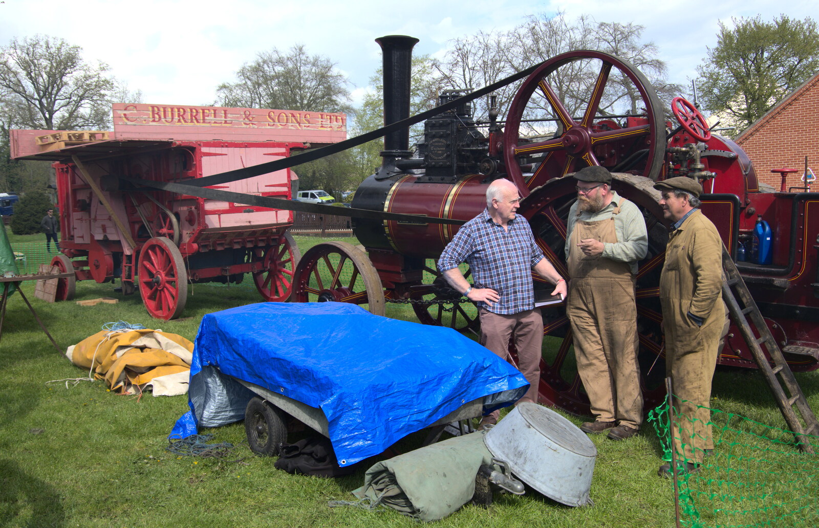 Some engineer dudes chat near a thresher from The Heritage Steam Gala, Bressingham Steam Museum, Norfolk - 1st May 2023