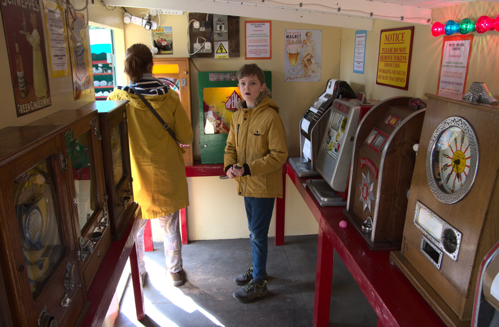 Isobel and Harry do the old-time penny arcade from The Heritage Steam Gala, Bressingham Steam Museum, Norfolk - 1st May 2023