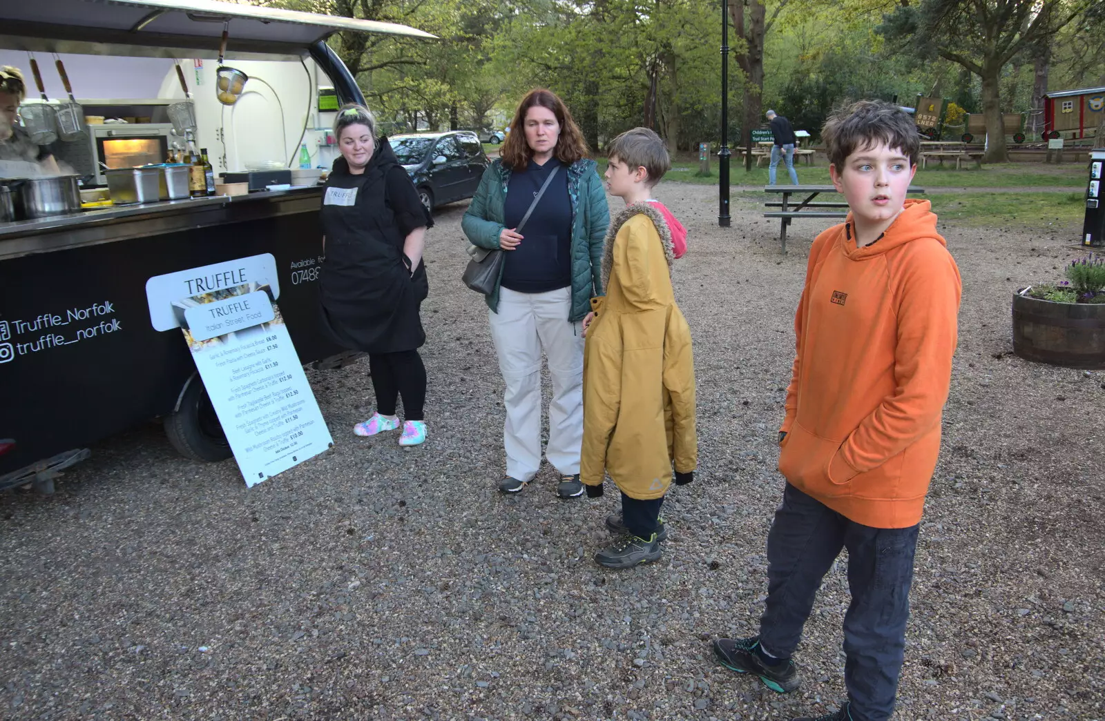 We scope out the food vans, where Harry gets pasta, from A Coronation Camping Picnic, Kelling Heath, Norfolk - 6th May 2023