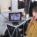 Harry watches on the caravan's tiny TV, A Coronation Camping Picnic, Kelling Heath, Norfolk - 6th May 2023