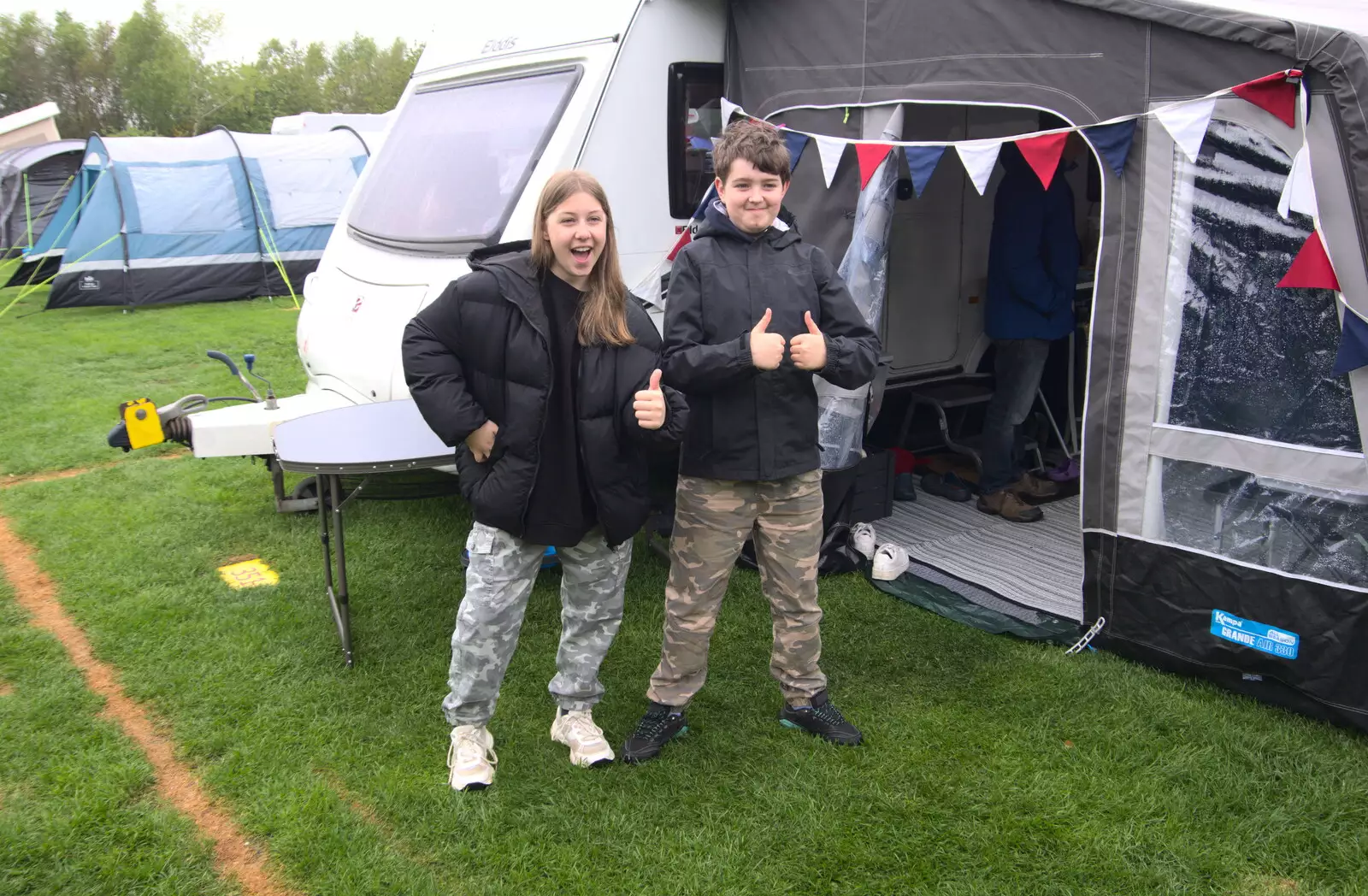 Sophie and Fred are all about the thumbs, from A Coronation Camping Picnic, Kelling Heath, Norfolk - 6th May 2023