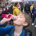 Harry finishes off his raspberry fruit ice, A Coronation Camping Picnic, Kelling Heath, Norfolk - 6th May 2023