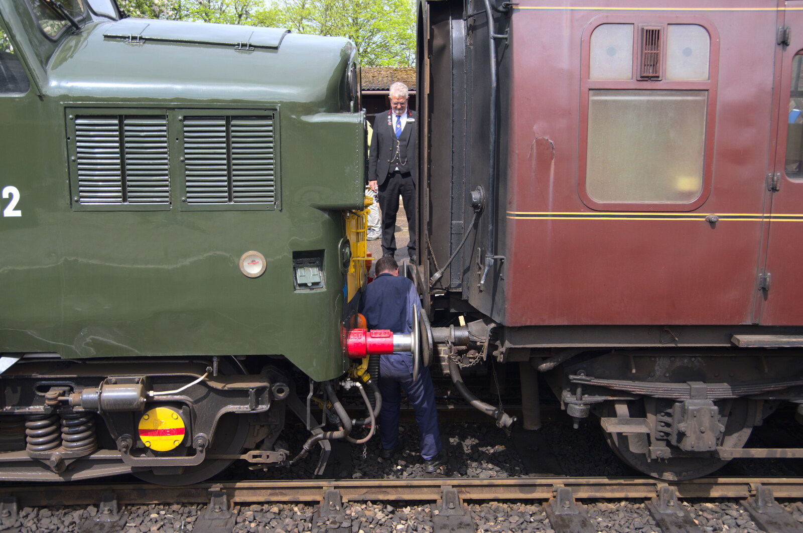 The Class 37 diesel is reattached to the coaches from A Coronation Camping Picnic, Kelling Heath, Norfolk - 6th May 2023