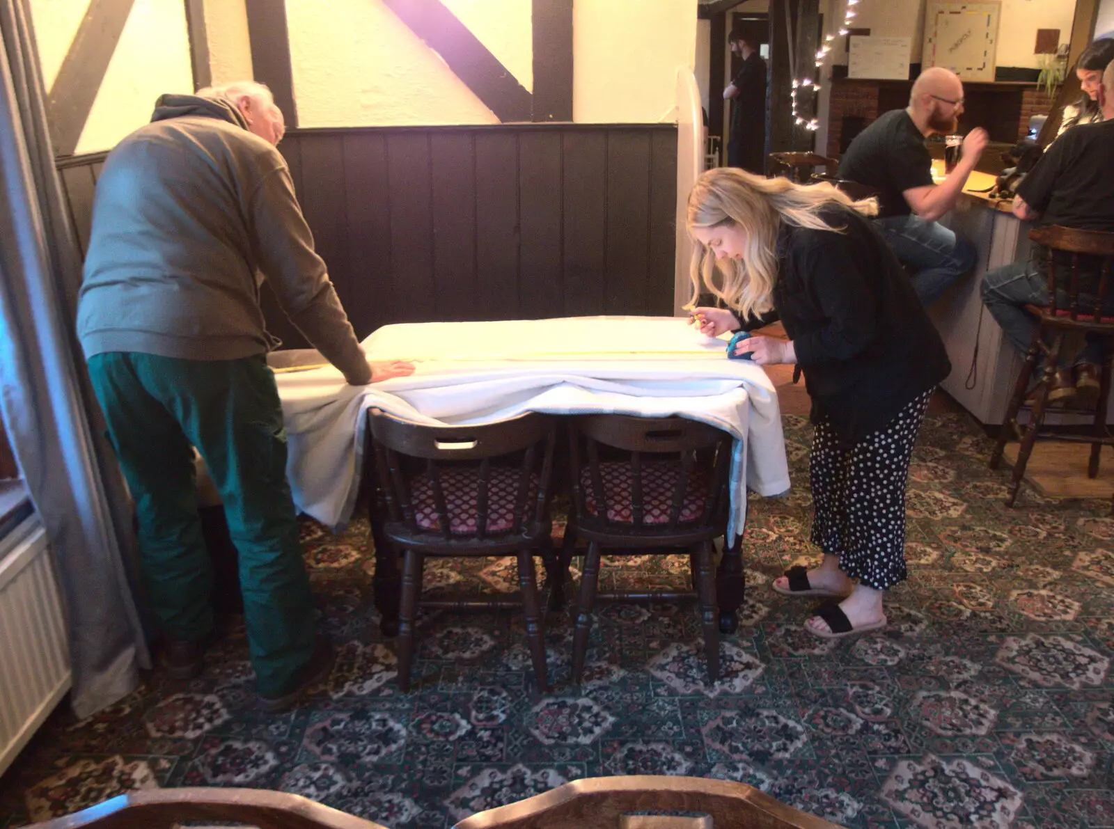 Mick the Brick helps Rachel with some curtains, from DesignerMakers' Fund-Raising Ceilidh, The Cornhall, Diss - 13th May 2023