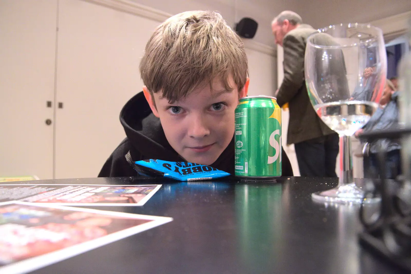 Harry looks up from his can of Sprite, from DesignerMakers' Fund-Raising Ceilidh, The Cornhall, Diss - 13th May 2023