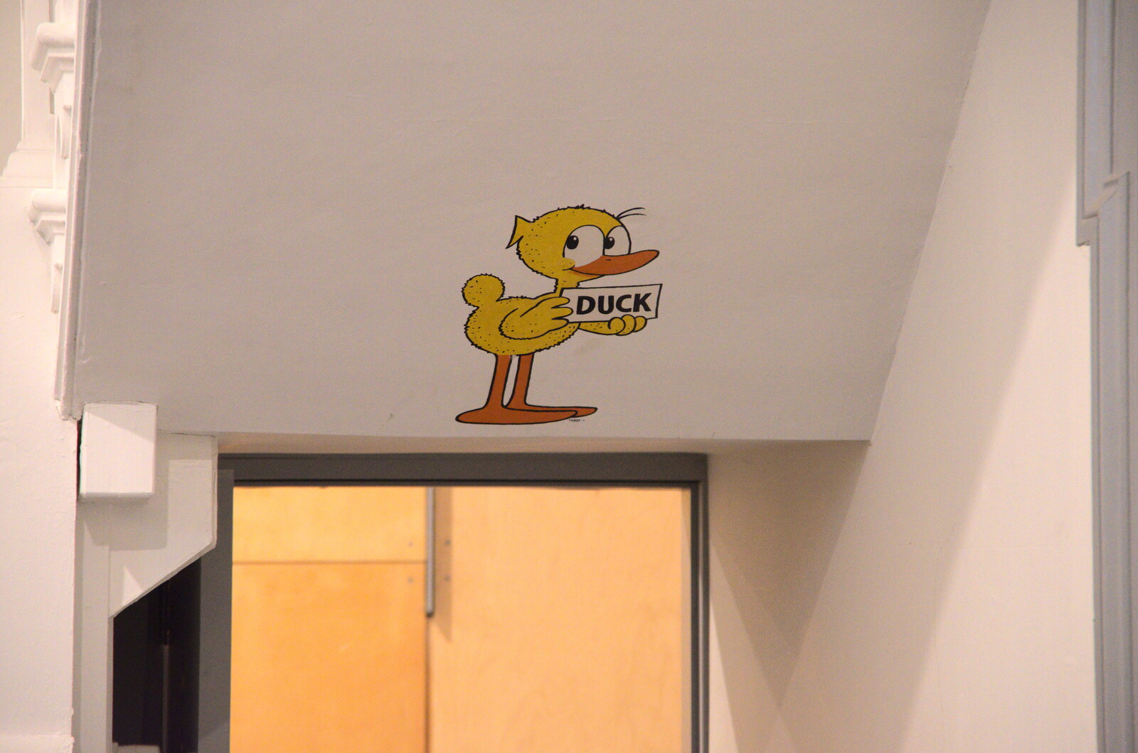 There's a Mike Webb duck over a low door from DesignerMakers' Fund-Raising Ceilidh, The Cornhall, Diss - 13th May 2023