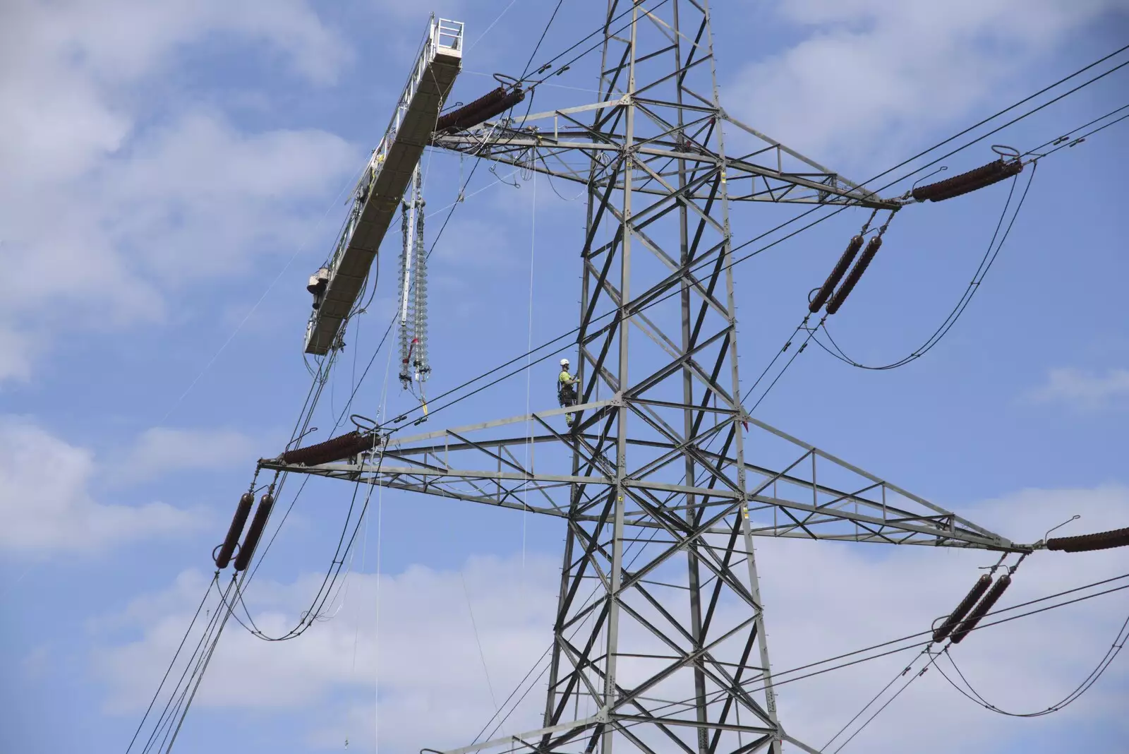 There's a working gantry attached to the pylon, from National Grid Pylon Upgrades, Thrandeston, Suffolk - 30th July 2023