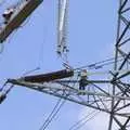 A dude looks up at some new insulators, National Grid Pylon Upgrades, Thrandeston, Suffolk - 30th July 2023