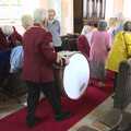 Terry hauls the bass drum out of the church, Norwich Cinema and the GSB at Wickham Skeith, Suffolk - 5th August 2023