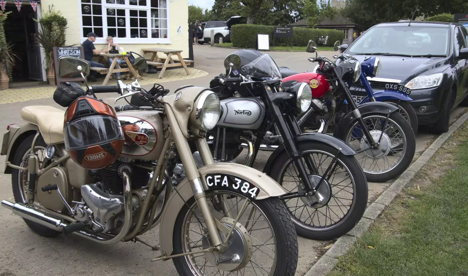 There are some nice old bikes outside the Castle, from The Irish Massive do Framlingham and Southwold, Suffolk - 9th August 2023