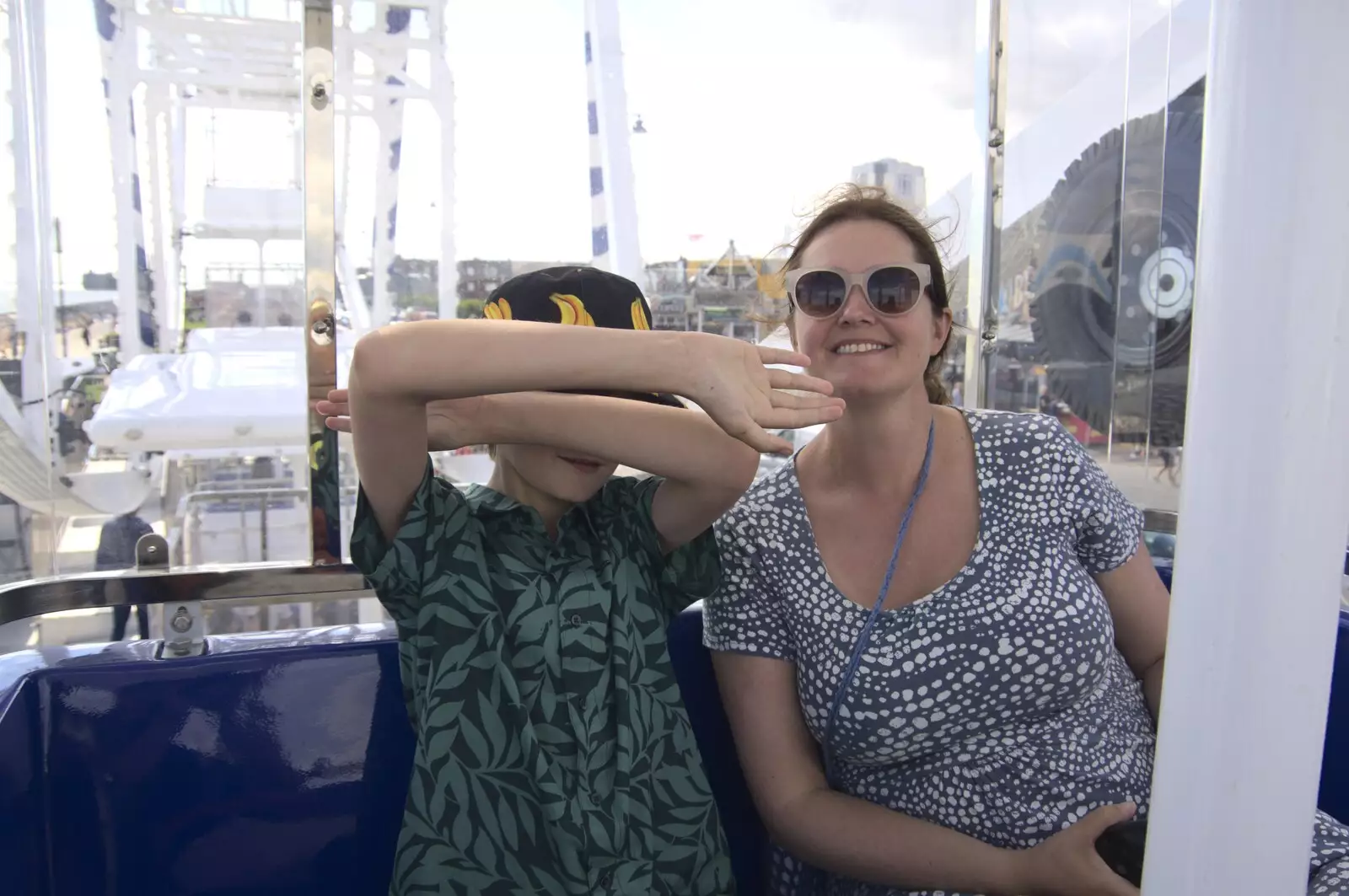 Harry says no to another photo, from A trip on the Ferris Wheel, Felixstowe, Suffolk - 15th August 2023