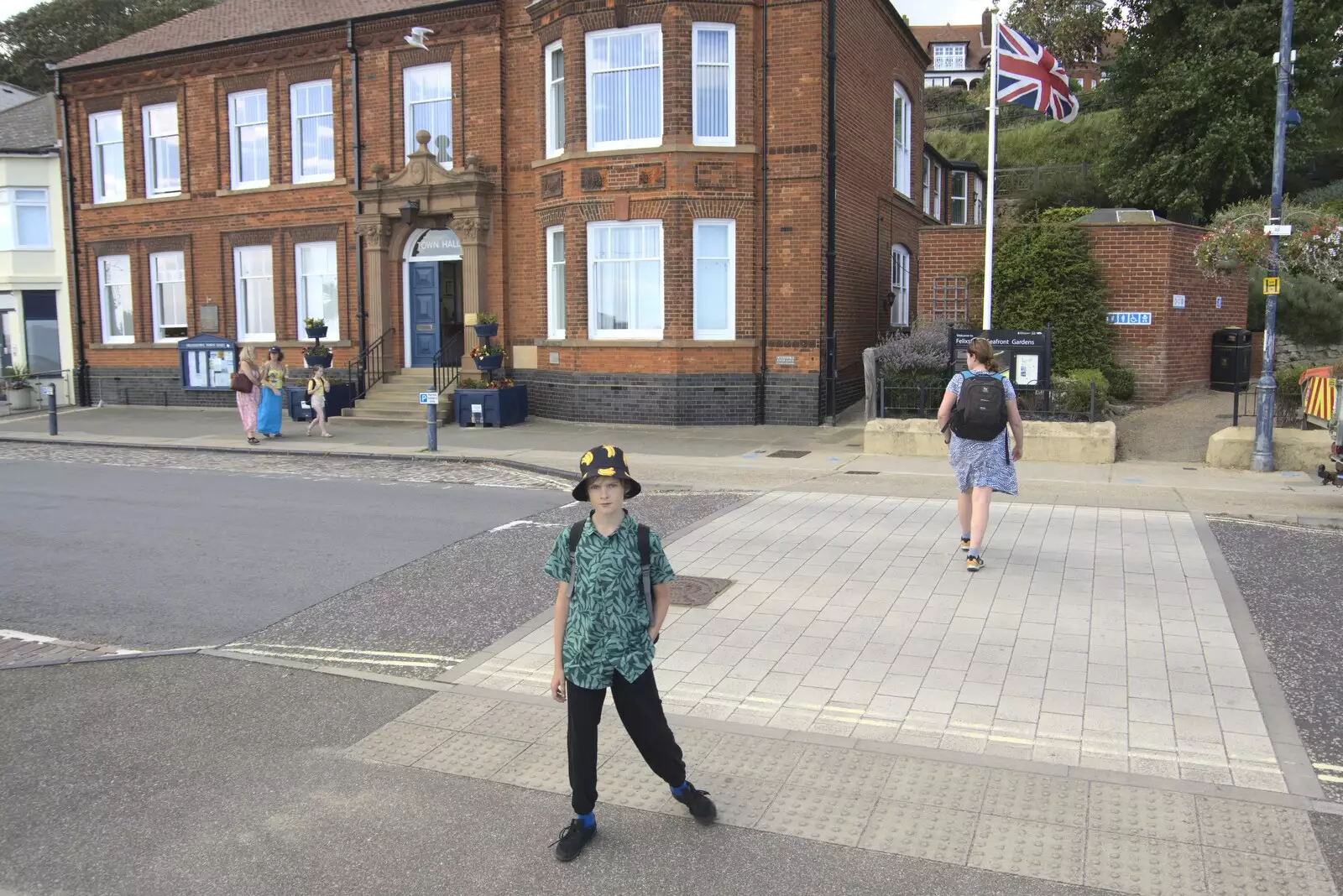 Harry in front of the Town Hall, from A trip on the Ferris Wheel, Felixstowe, Suffolk - 15th August 2023