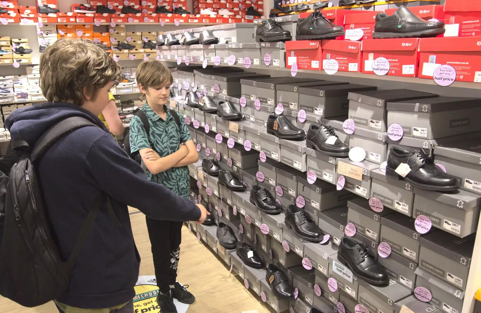 Fred points at shoes in Deichmann, from Shoe Shopping in Norwich, Norfolk - 16th August 2023