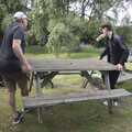 John and Zack move a table around, A Cambridge Reunion on the Beach, Dunwich, Suffolk - 23rd August 2023