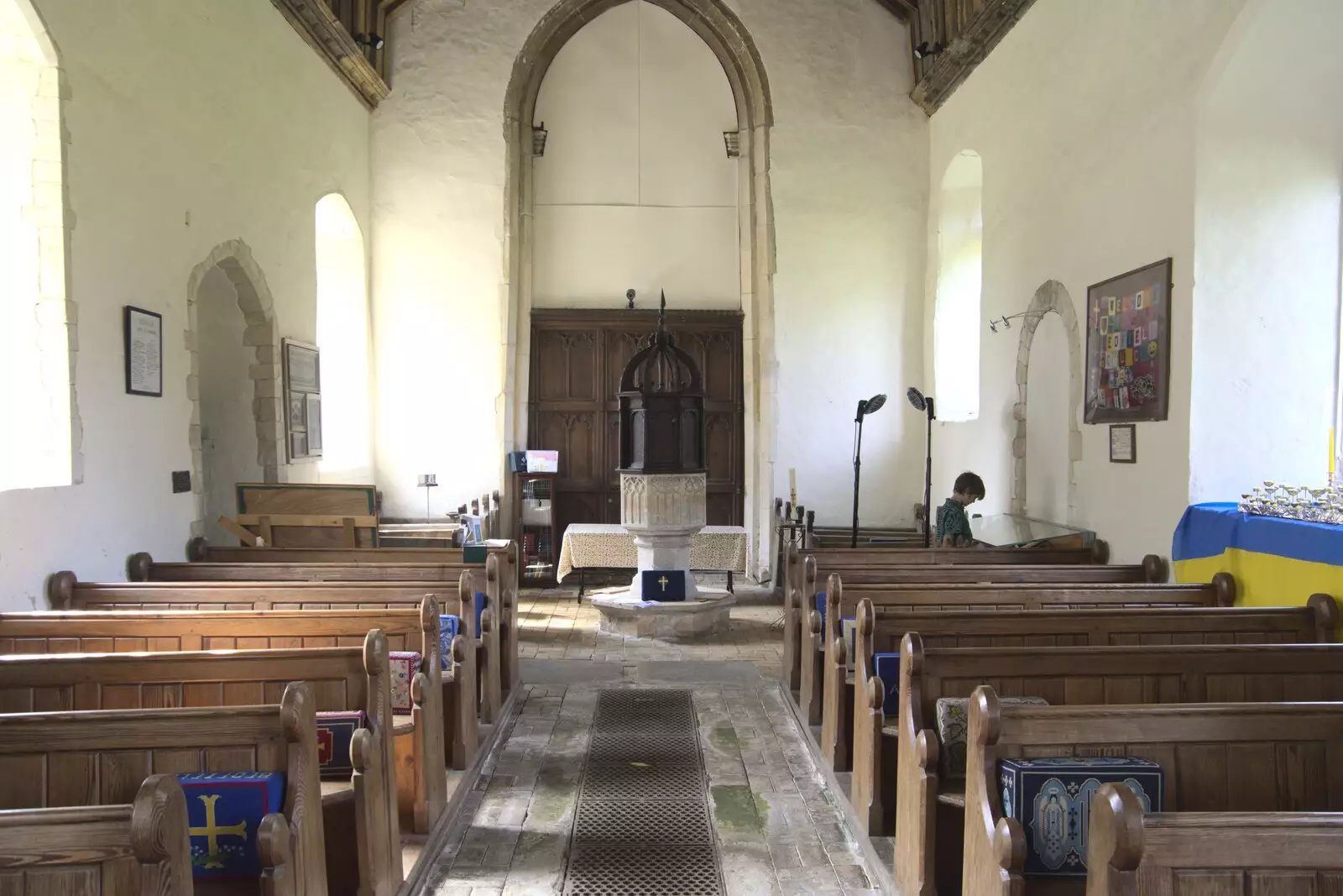 Looking back down the nave to the covered font, from The BSCC at the Cock Inn and a Flute Exam, Bedfield, Suffolk - 25th August 2023