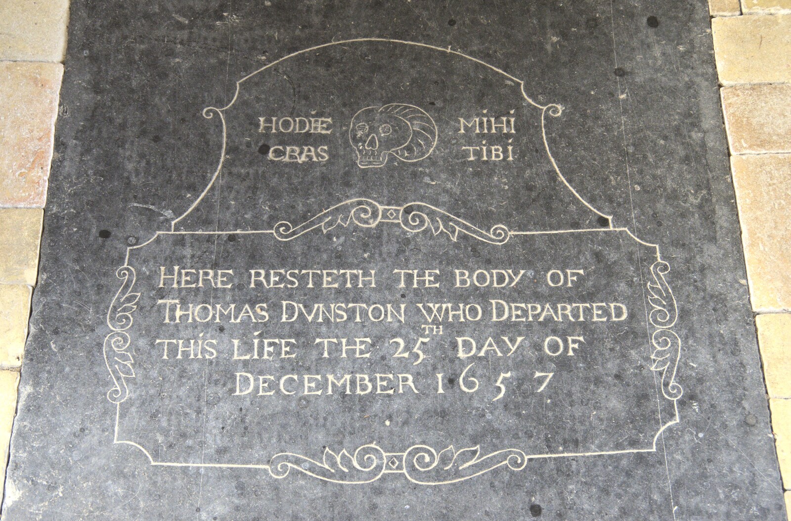 The ledger stone of Thomas Dunston, 1657 from The BSCC at the Cock Inn and a Flute Exam, Bedfield, Suffolk - 25th August 2023