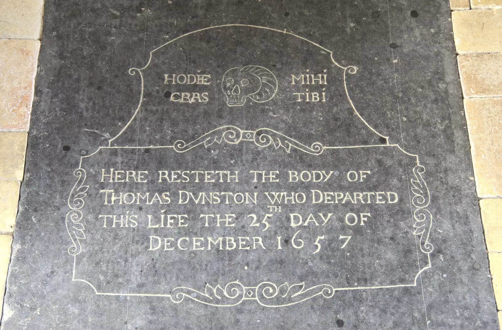 The ledger stone of Thomas Dunston, 1657, from The BSCC at the Cock Inn and a Flute Exam, Bedfield, Suffolk - 25th August 2023