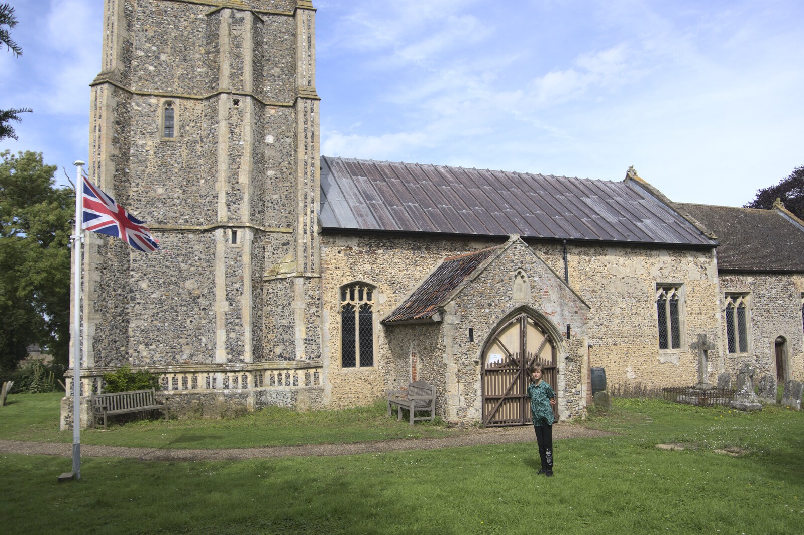 Harry roams around outside the church from The BSCC at the Cock Inn and a Flute Exam, Bedfield, Suffolk - 25th August 2023