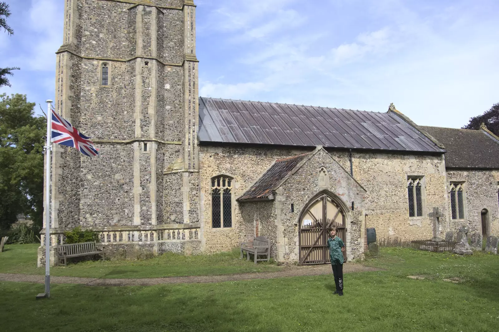 Harry roams around outside the church, from The BSCC at the Cock Inn and a Flute Exam, Bedfield, Suffolk - 25th August 2023