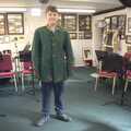 Fred tries on an old band jacket in the GSB hut, The GSB at the Scouts' Duck Race, The Pennings, Eye - 23rd September 2023
